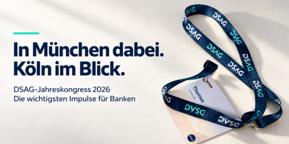 Beitragsbild zum DSAG-Jahreskongress 2026 mit Schlüsselband und dem Titel „In München dabei. Köln im Blick. Die wichtigsten Impulse für Banken“.