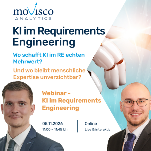 Webinarankündigung der movisco AG: KI im Requirements Engineering – Vom Werkzeug zum Teammitglied?
