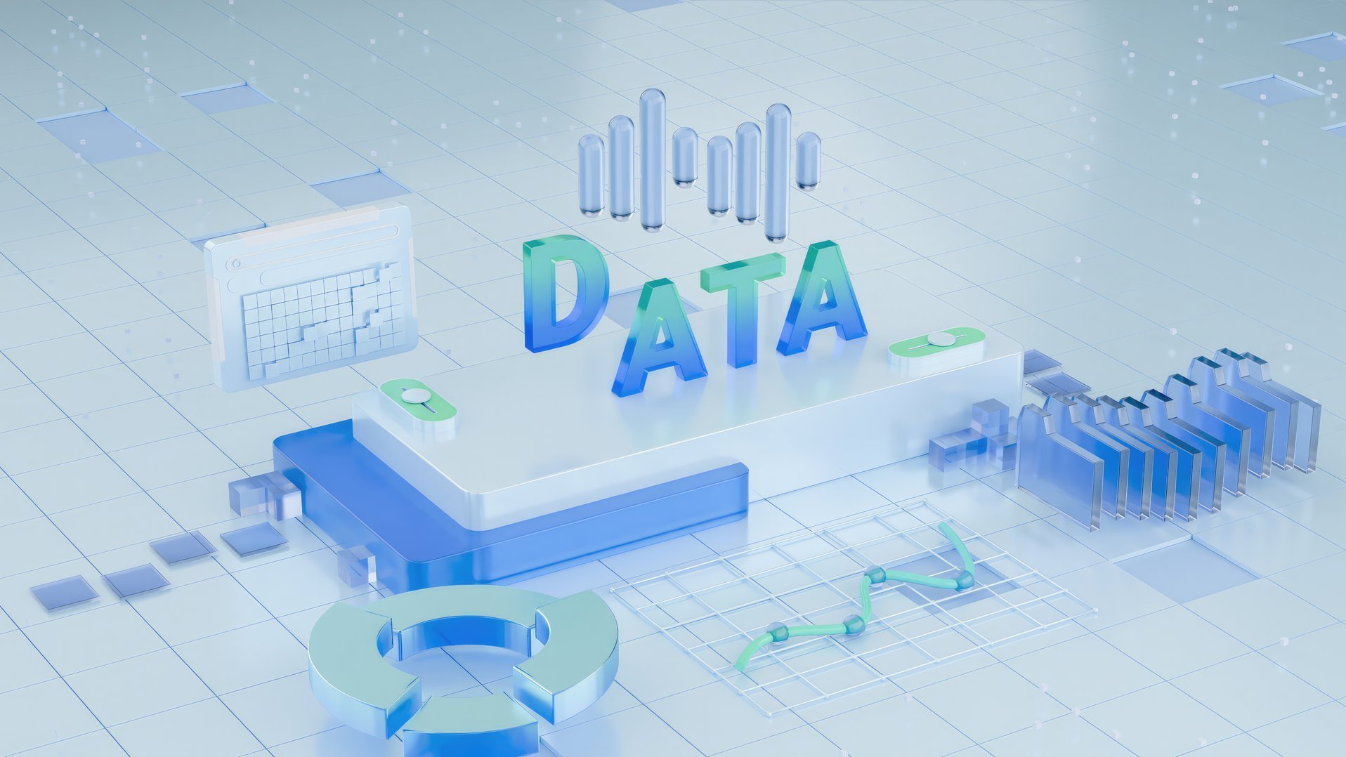 Illustration mit dem Schriftzug „DATA“, Diagrammen und Analyse-Elementen als Titelbild der Ausgabe THE BANKING QUARTERLY Q2 2026 von movisco zu Data Analytics, Business Intelligence und Künstlicher Intelligenz.