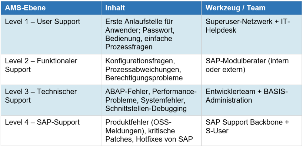 Übersicht der vier Support-Ebenen eines SAP S/4HANA Application Management Supports – vom User Support bis zum SAP Support.