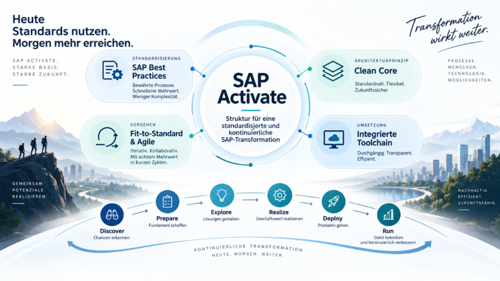 SAP Activate mit SAP Best Practices, Clean Core, Fit-to-Standard, integrierter Toolchain und den sechs Phasen Discover, Prepare, Explore, Realize, Deploy und Run
